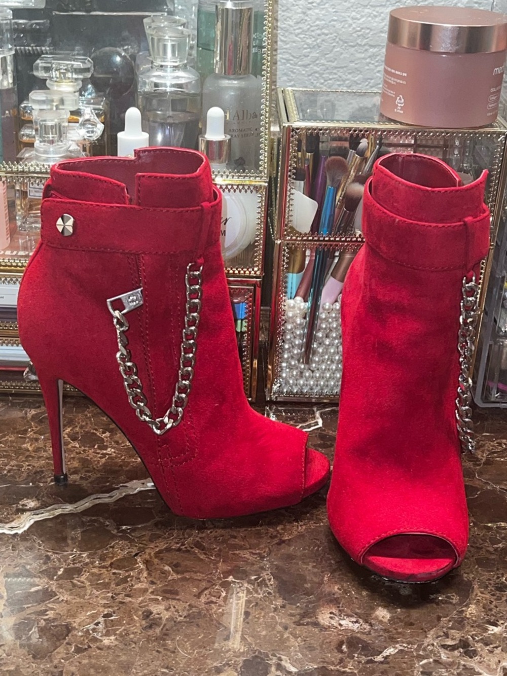 Guess Red Suede Peep-Toe Ankle Booties with Chain Accent